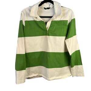 M&S COLLECTION Pure Cotton Striped Rugby Shirt Long Sleeve Green/White Size 12